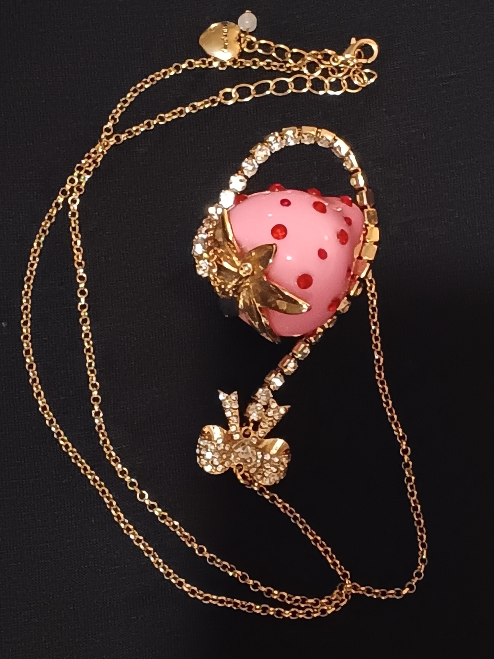 Betsey Johnson Gold-Tone Pink Strawberry Pendant Necklace with Crystal Accents